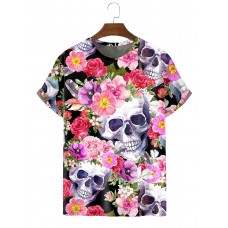Men's Fashion Vintage Skull and Flower Print T-Shirt