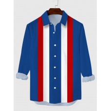 Vintage Blue & Red & White Stitching Printing Men's Long Sleeve Shirt