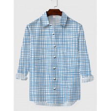 LightBlue Irregular Hand-Painted Checkered Printing Men's Long Sleeve Shirt
