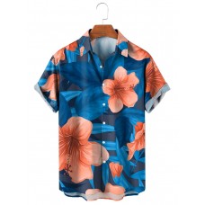 Men's Flower Printed Lapel Short Sleeve Shirt 13771661M